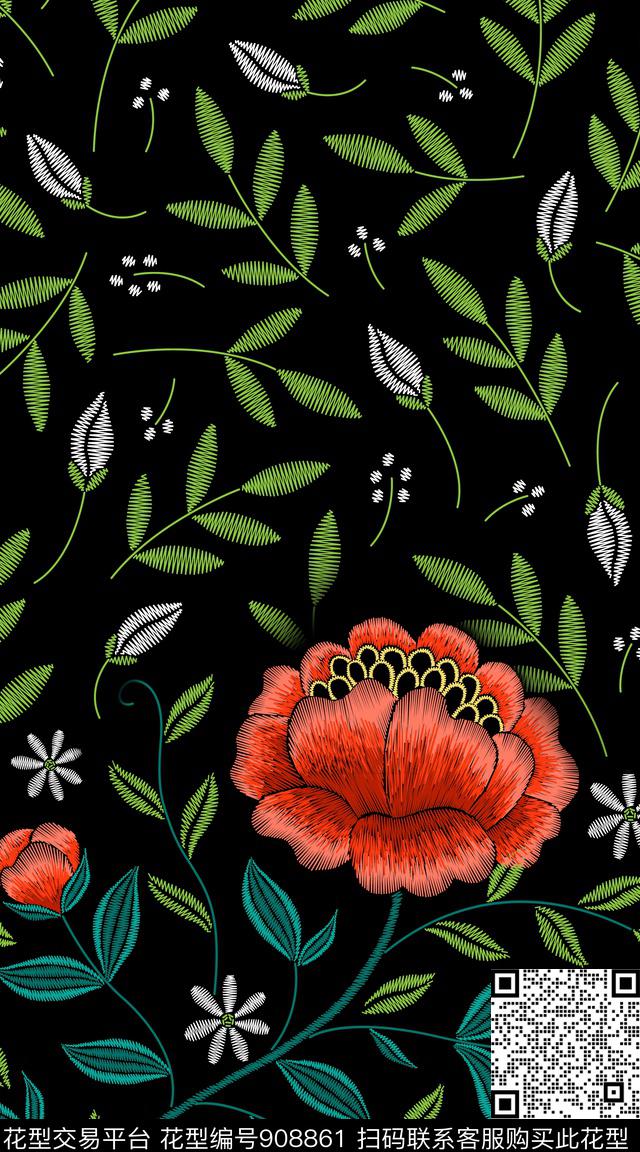 花卉民族风绣花华亿平台数码印花华亿平台下载（图片编号: 908861） - 瓦栏（Walan）