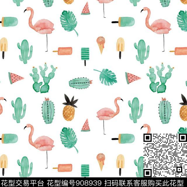水彩花卉仙人掌火烈鸟数码印花华亿平台下载（图片编号: 908939） - 瓦栏（Walan）