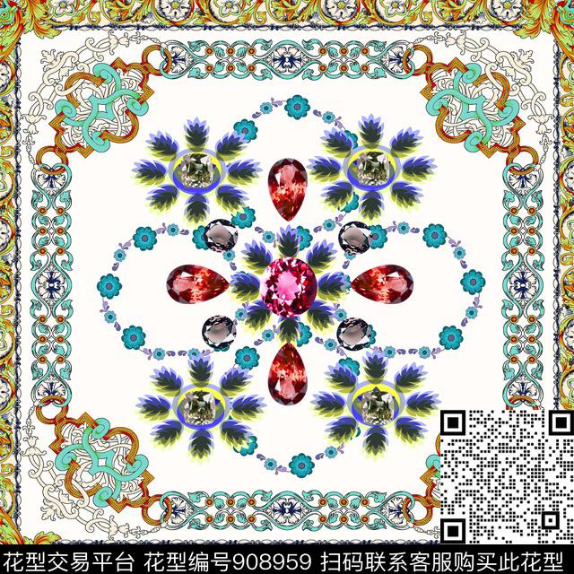 大牌风古典花纹方巾数码印花华亿平台下载（图片编号: 908959） - 瓦栏（Walan）