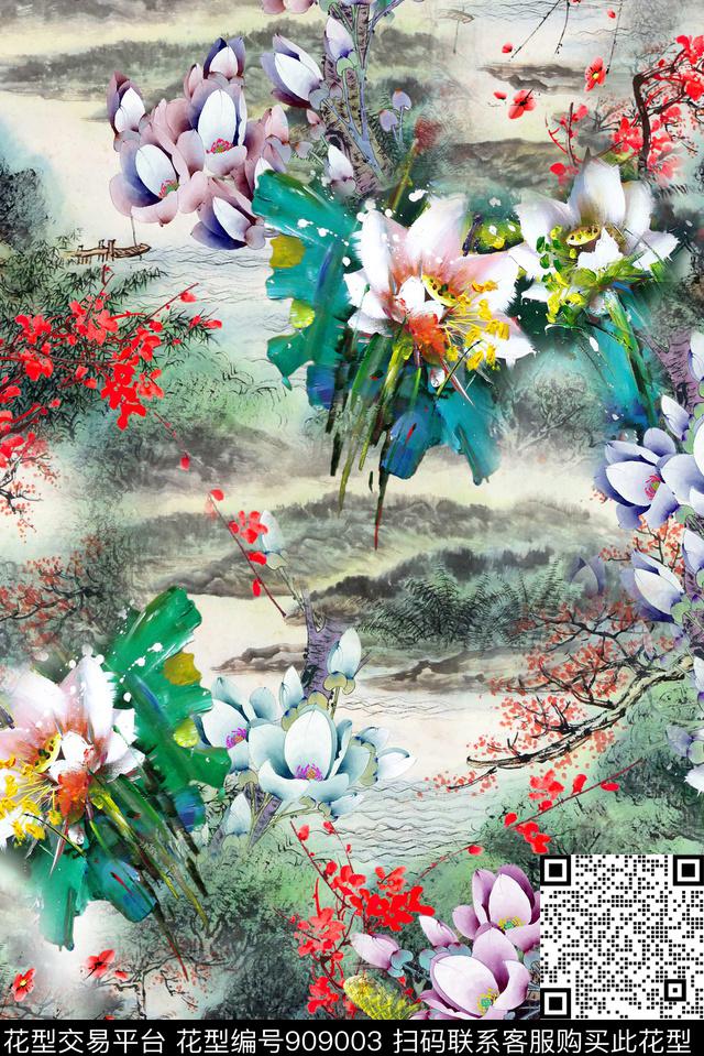 花卉水墨风中国风数码印花华亿平台下载（图片编号: 909003） - 瓦栏（Walan）