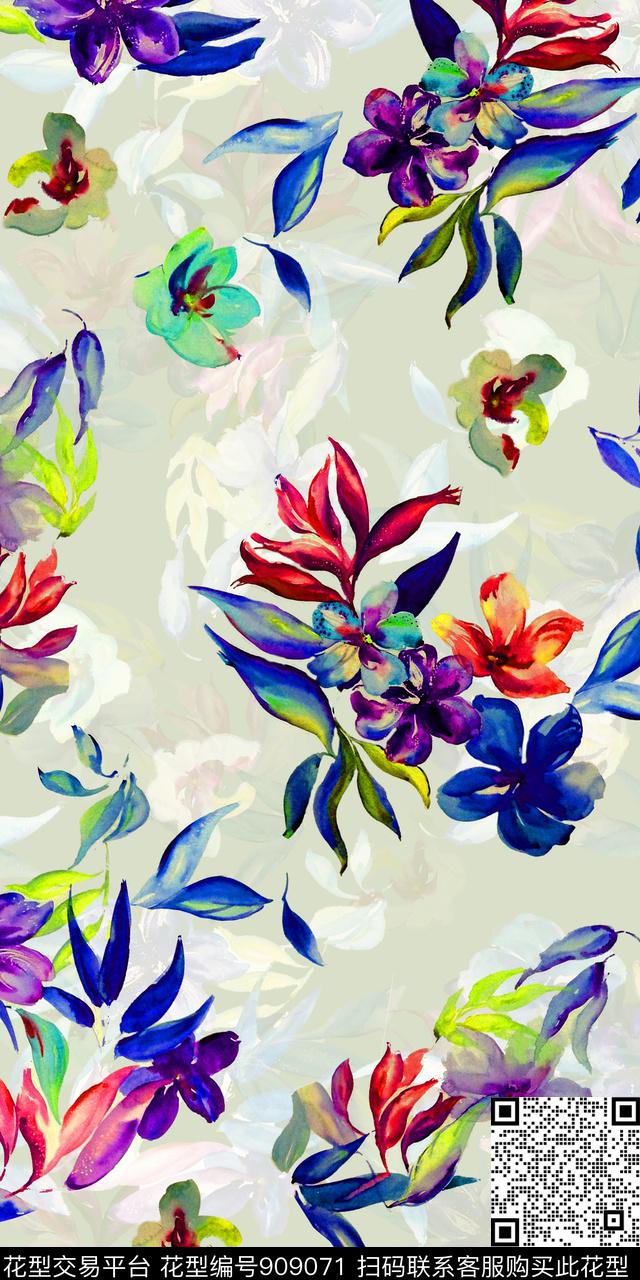 彩底花卉数码华亿平台手绘花卉数码印花华亿平台下载（图片编号: 909071） - 瓦栏（Walan）