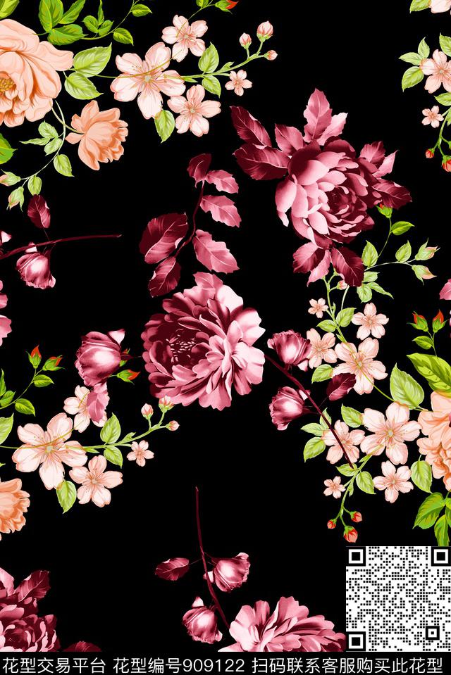 黑底花卉彩底花卉水彩花卉数码印花华亿平台下载（图片编号: 909122） - 瓦栏（Walan）