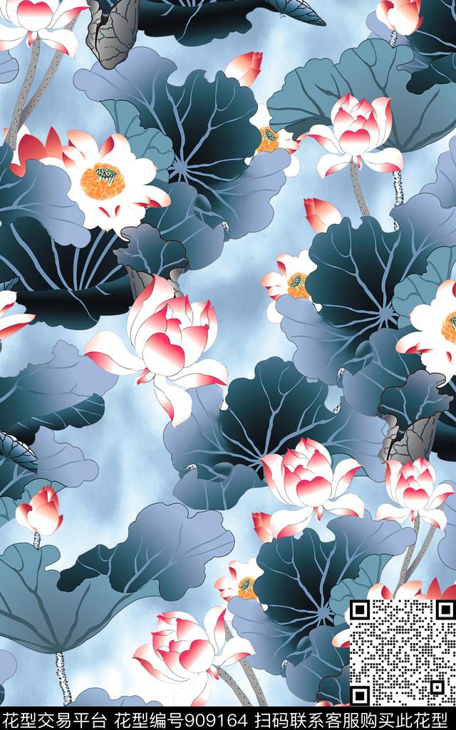 荷花中国风数码印花华亿平台下载（图片编号: 909164） - 瓦栏（Walan）