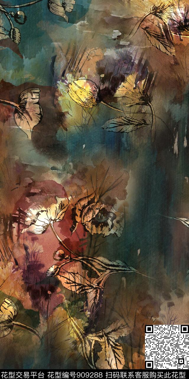 数码华亿平台抽象花卉复古数码印花华亿平台下载（图片编号: 909288） - 瓦栏（Walan）