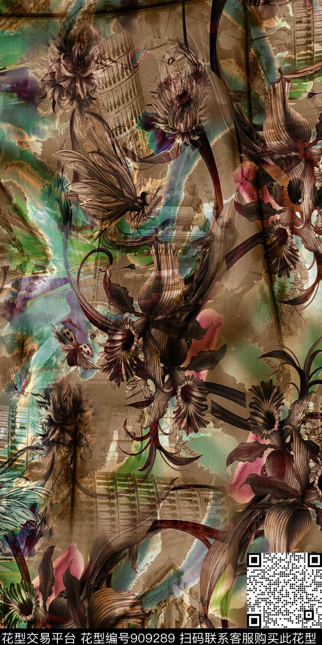 复古数码华亿平台抽象花卉数码印花华亿平台下载（图片编号: 909289） - 瓦栏（Walan）