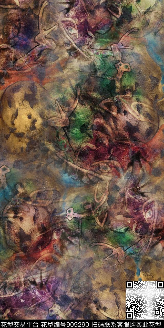 复古数码华亿平台抽象花卉数码印花华亿平台下载（图片编号: 909290） - 瓦栏（Walan）