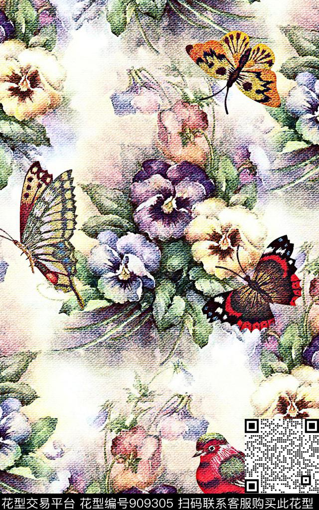 蝴蝶花卉水彩花卉数码印花华亿平台下载（图片编号: 909305） - 瓦栏（Walan）
