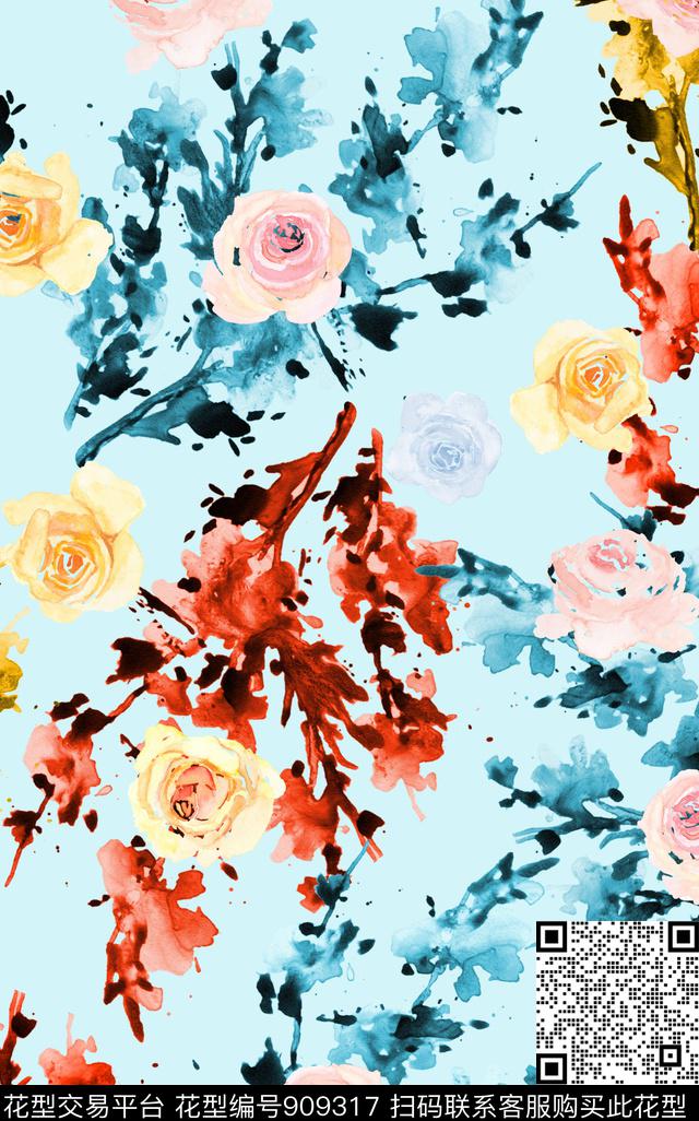 手绘花卉水彩花卉数码印花华亿平台下载（图片编号: 909317） - 瓦栏（Walan）