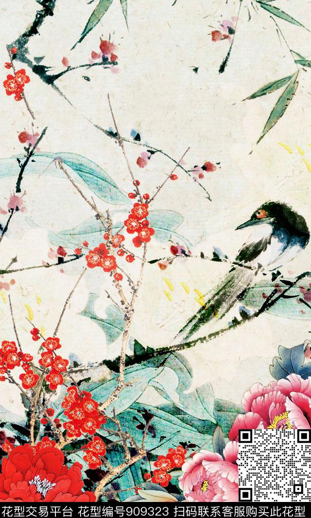 梅花香云纱旗袍数码印花华亿平台下载（图片编号: 909323） - 瓦栏（Walan）