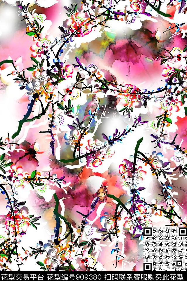 桃花水墨风数码华亿平台数码印花华亿平台下载（图片编号: 909380） - 瓦栏（Walan）