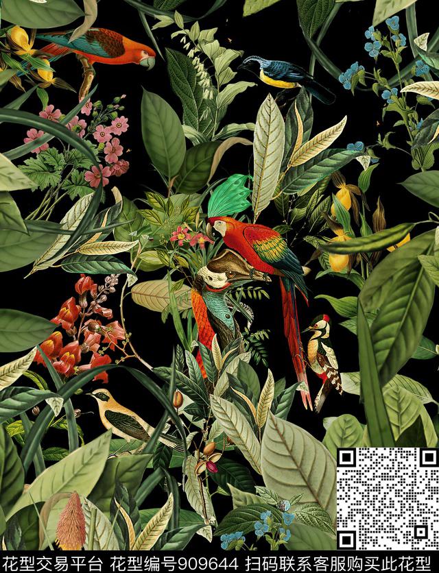 植物鸟鹦鹉印花数码印花华亿平台下载（图片编号: 909644） - 瓦栏（Walan）