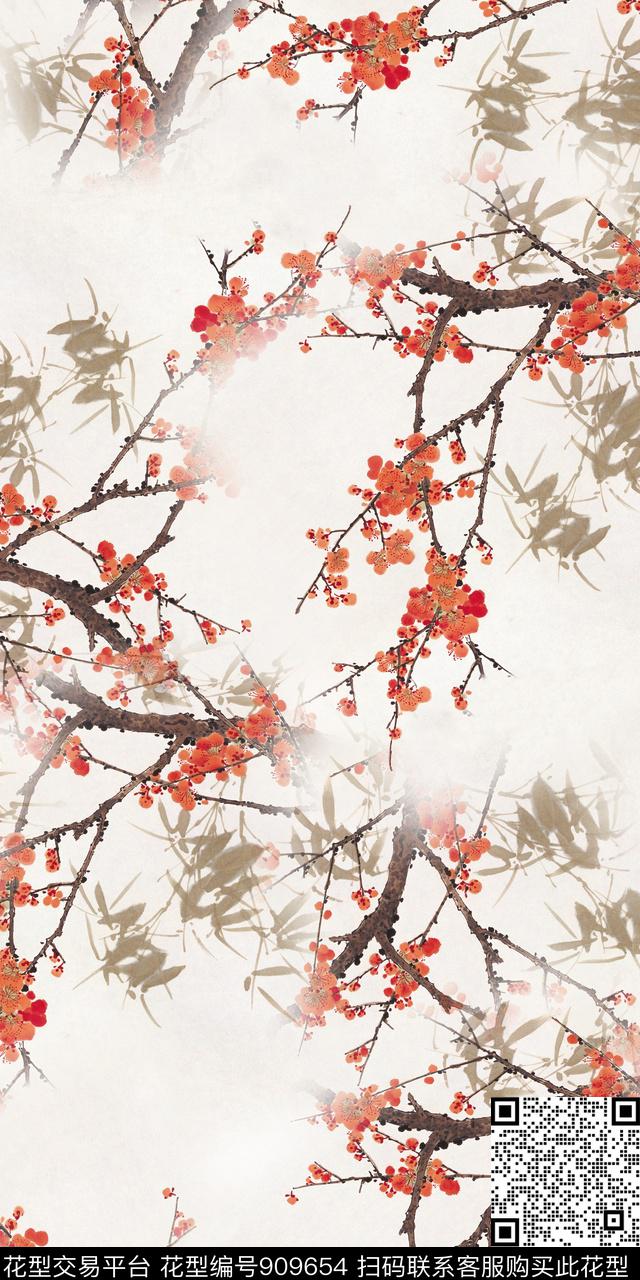 国画中国风棉麻数码印花华亿平台下载（图片编号: 909654） - 瓦栏（Walan）