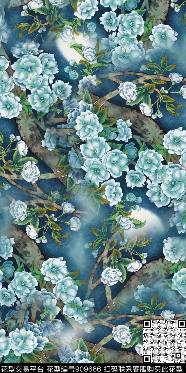 国画中国风真丝数码印花华亿平台下载（图片编号: 909666） - 瓦栏（Walan）