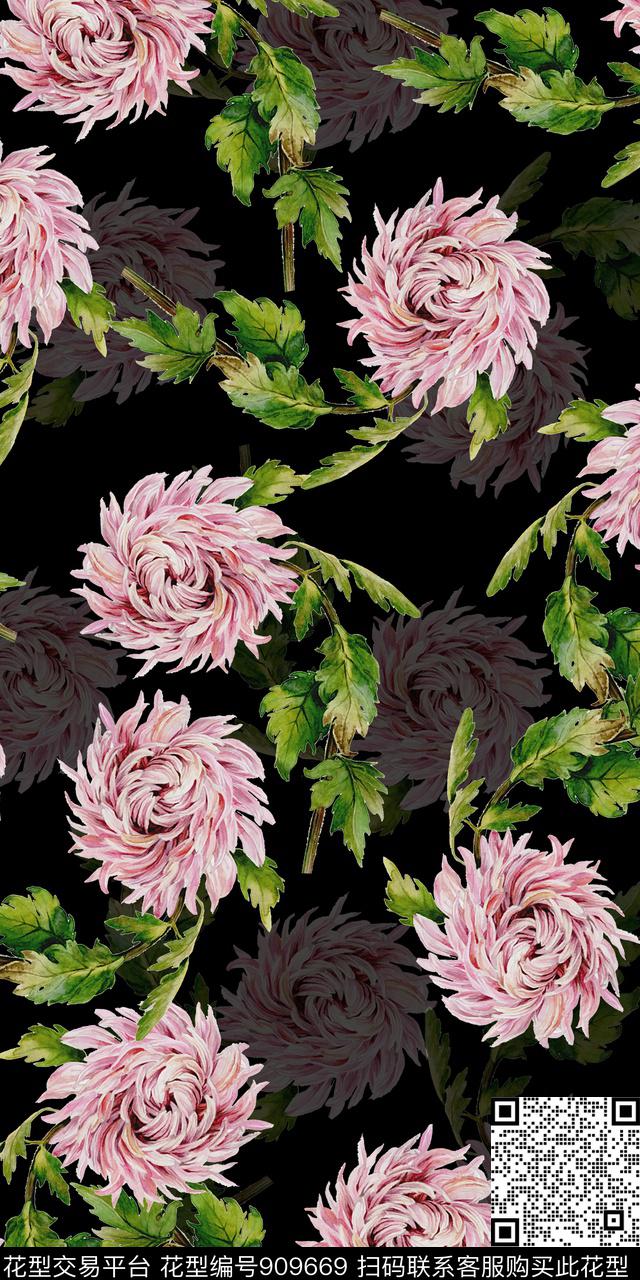 小碎花水彩花卉黑底花卉数码印花华亿平台下载（图片编号: 909669） - 瓦栏（Walan）