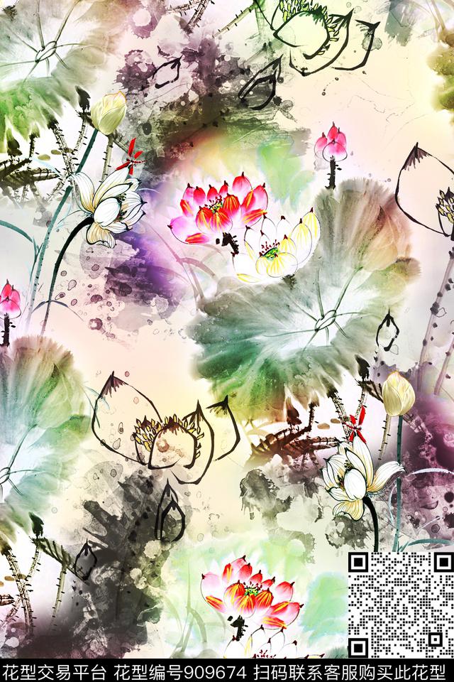 水墨风荷花中国风数码印花华亿平台下载（图片编号: 909674） - 瓦栏（Walan）