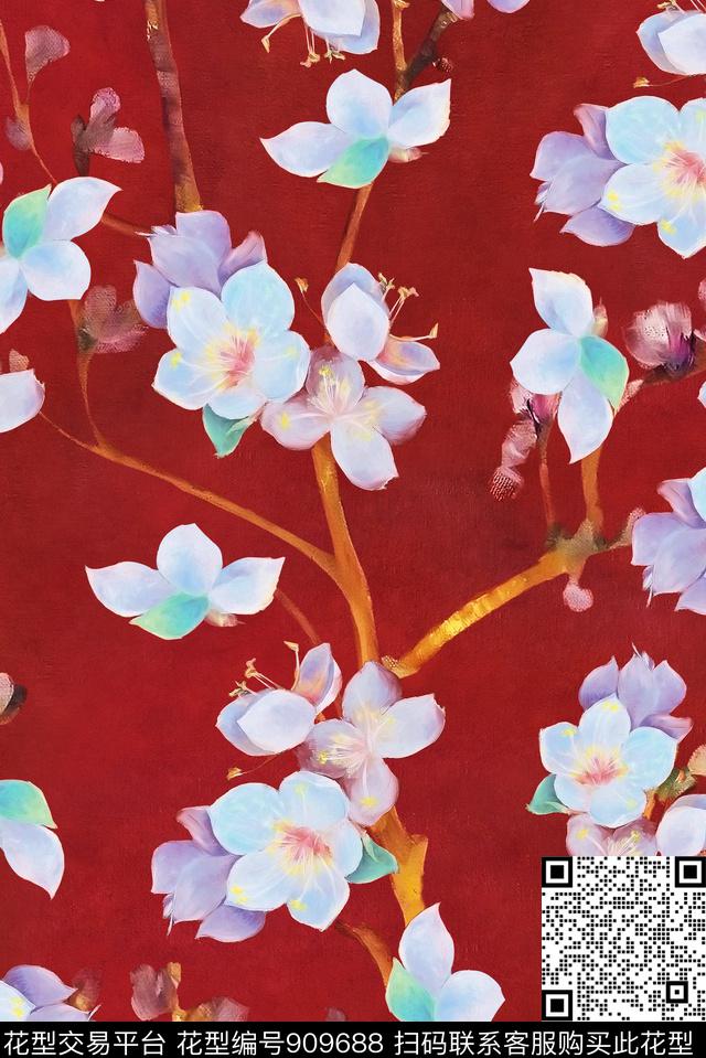 花卉中国风真丝数码印花华亿平台下载（图片编号: 909688） - 瓦栏（Walan）