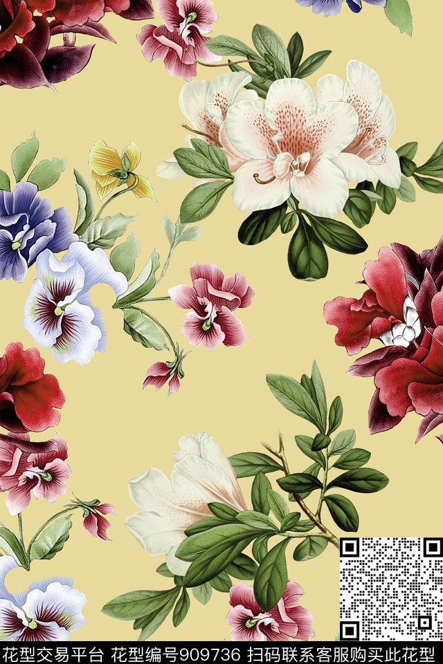 花卉蝴蝶兰中国风数码印花华亿平台下载（图片编号: 909736） - 瓦栏（Walan）