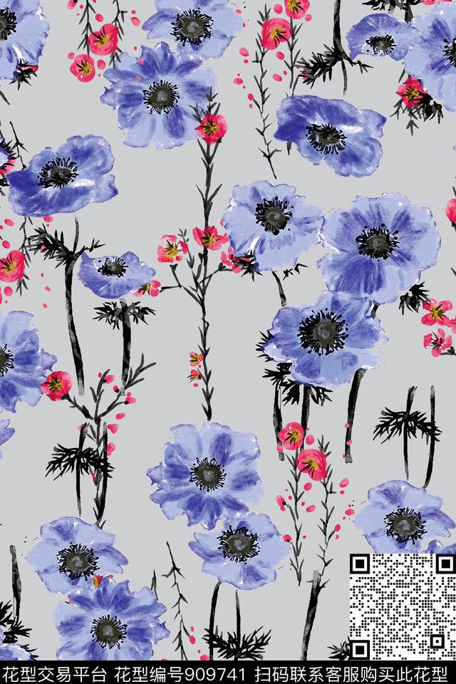 花卉水彩菊中国风数码印花华亿平台下载（图片编号: 909741） - 瓦栏（Walan）
