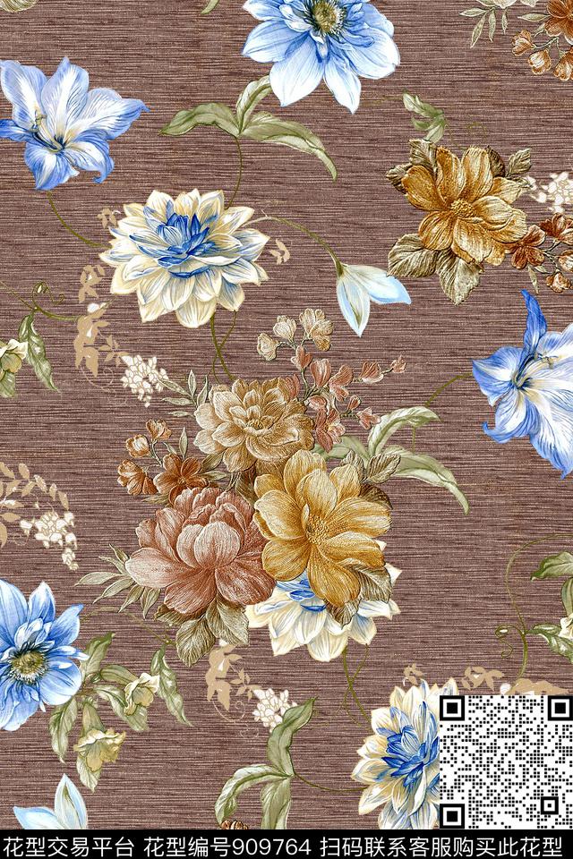 沙发布家纺手绘花卉数码印花华亿平台下载（图片编号: 909764） - 瓦栏（Walan）