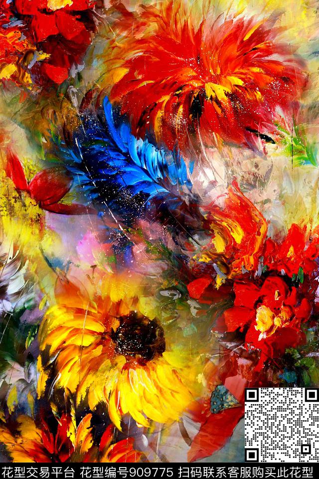 抽象花卉手绘花卉数码印花华亿平台下载（图片编号: 909775） - 瓦栏（Walan）