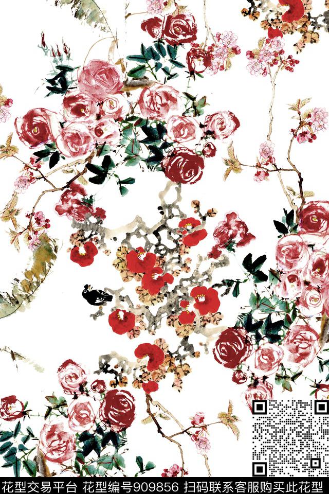 花卉手绘花卉原创数码印花华亿平台下载（图片编号: 909856） - 瓦栏（Walan）