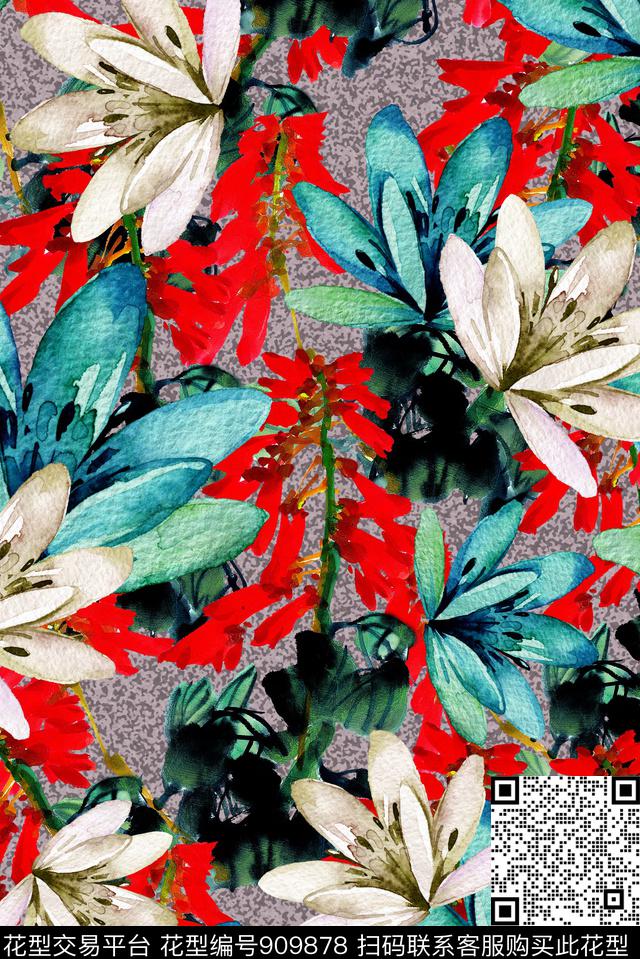 大花花卉中国风数码印花华亿平台下载（图片编号: 909878） - 瓦栏（Walan）