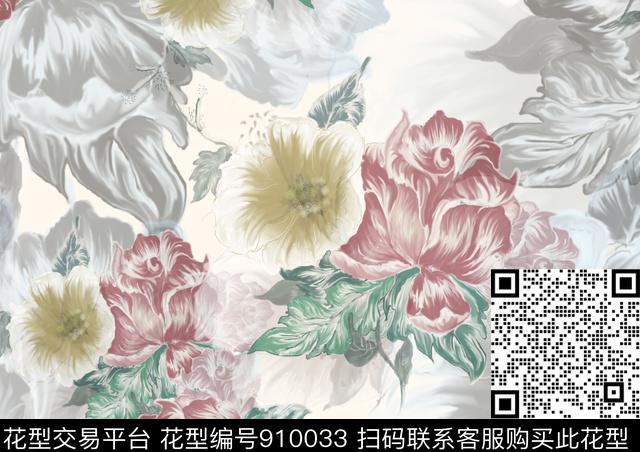 植物彩底花卉满版散花数码印花华亿平台下载（图片编号: 910033） - 瓦栏（Walan）