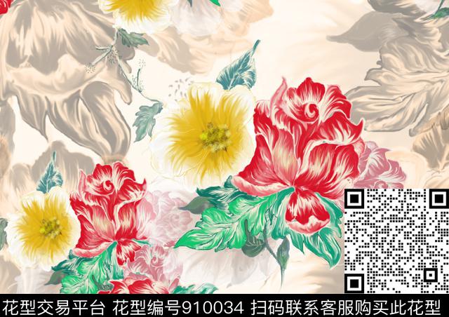 植物彩底花卉满版散花数码印花华亿平台下载（图片编号: 910034） - 瓦栏（Walan）