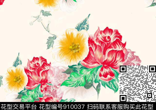 植物彩底花卉满版散花数码印花华亿平台下载（图片编号: 910037） - 瓦栏（Walan）