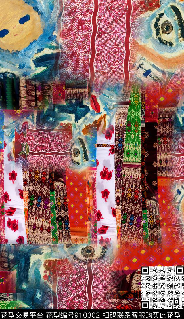 抽象混合拼接油画华亿平台数码印花华亿平台下载（图片编号: 910302） - 瓦栏（Walan）