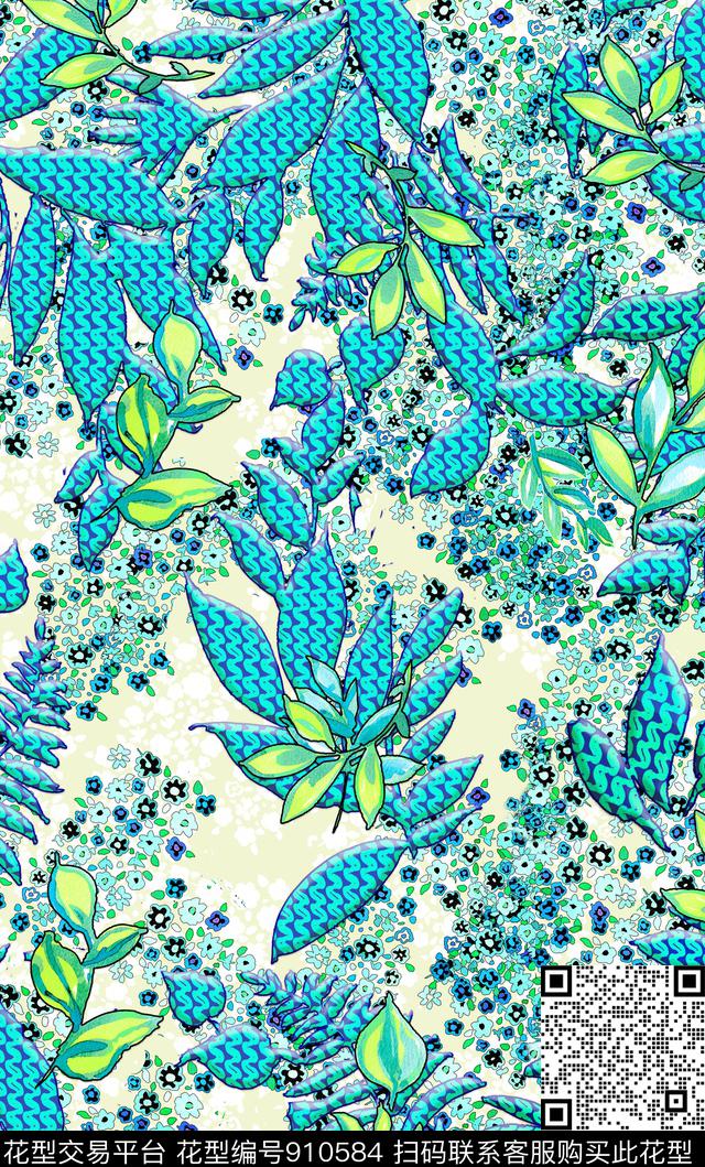 绿植树叶小碎花3D立体数码印花华亿平台下载（图片编号: 910584） - 瓦栏（Walan）