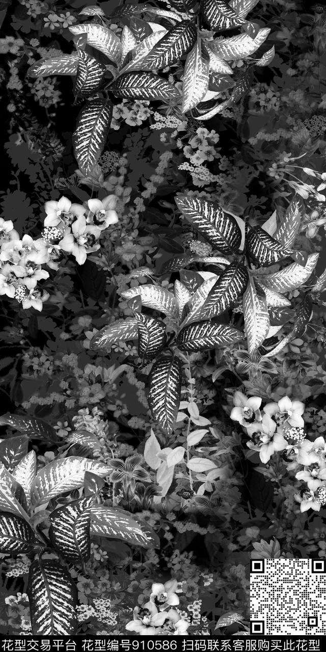 黑白绿植树叶小碎花数码印花华亿平台下载（图片编号: 910586） - 瓦栏（Walan）