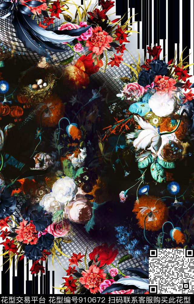 条纹花卉手绘花卉数码印花华亿平台下载（图片编号: 910672） - 瓦栏（Walan）