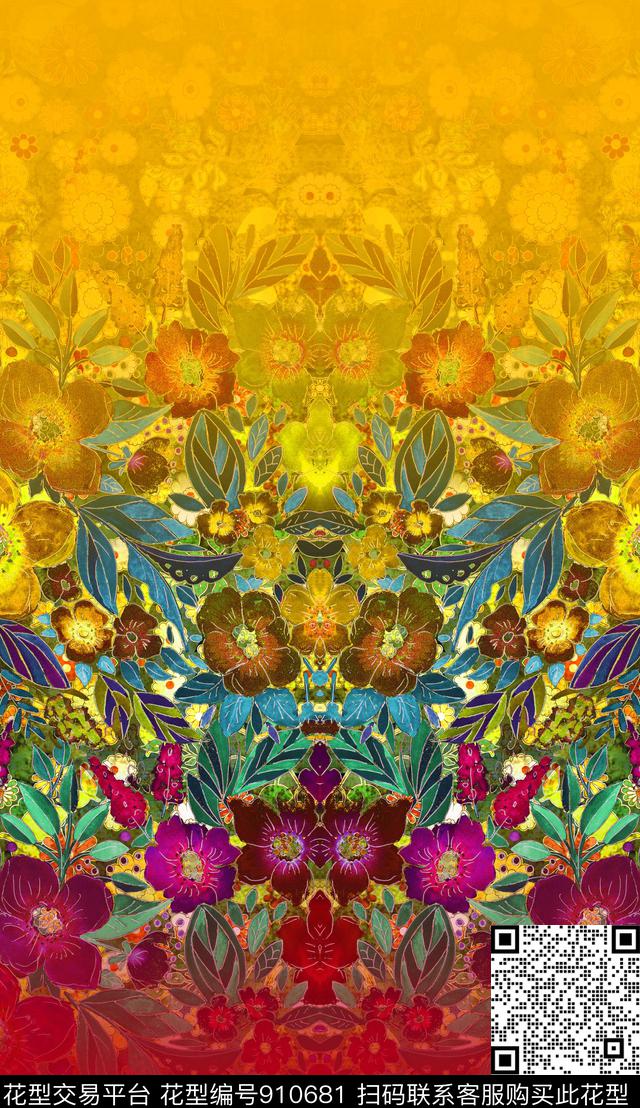 渐变花卉手绘花卉数码印花华亿平台下载（图片编号: 910681） - 瓦栏（Walan）