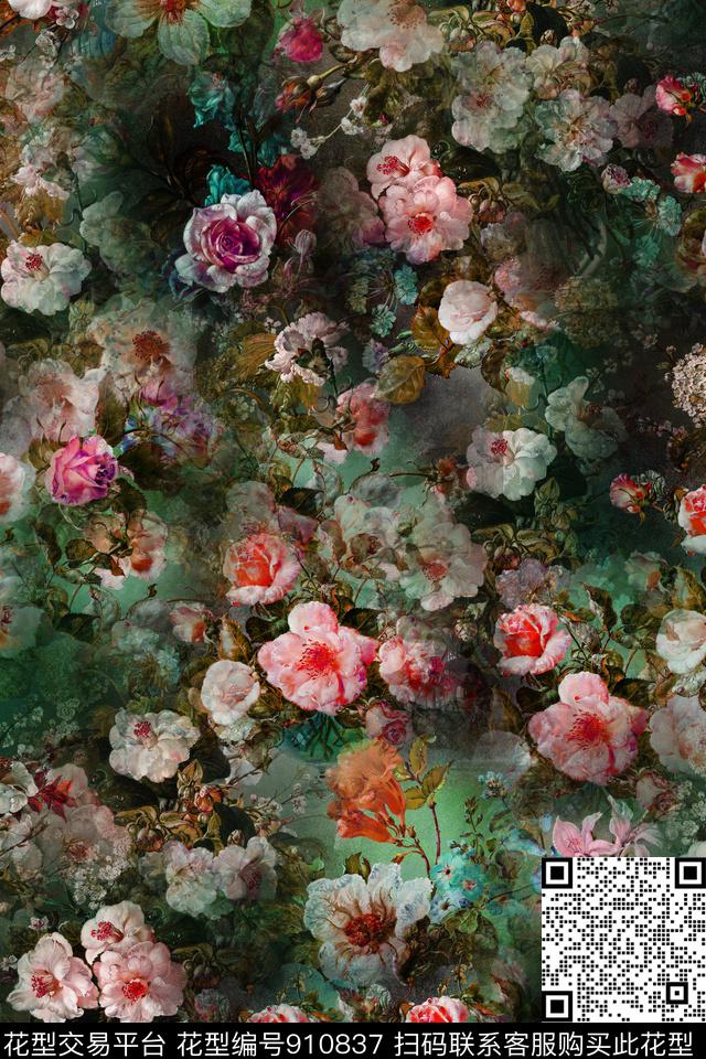 彩底花卉中老年迷彩数码印花华亿平台下载（图片编号: 910837） - 瓦栏（Walan）
