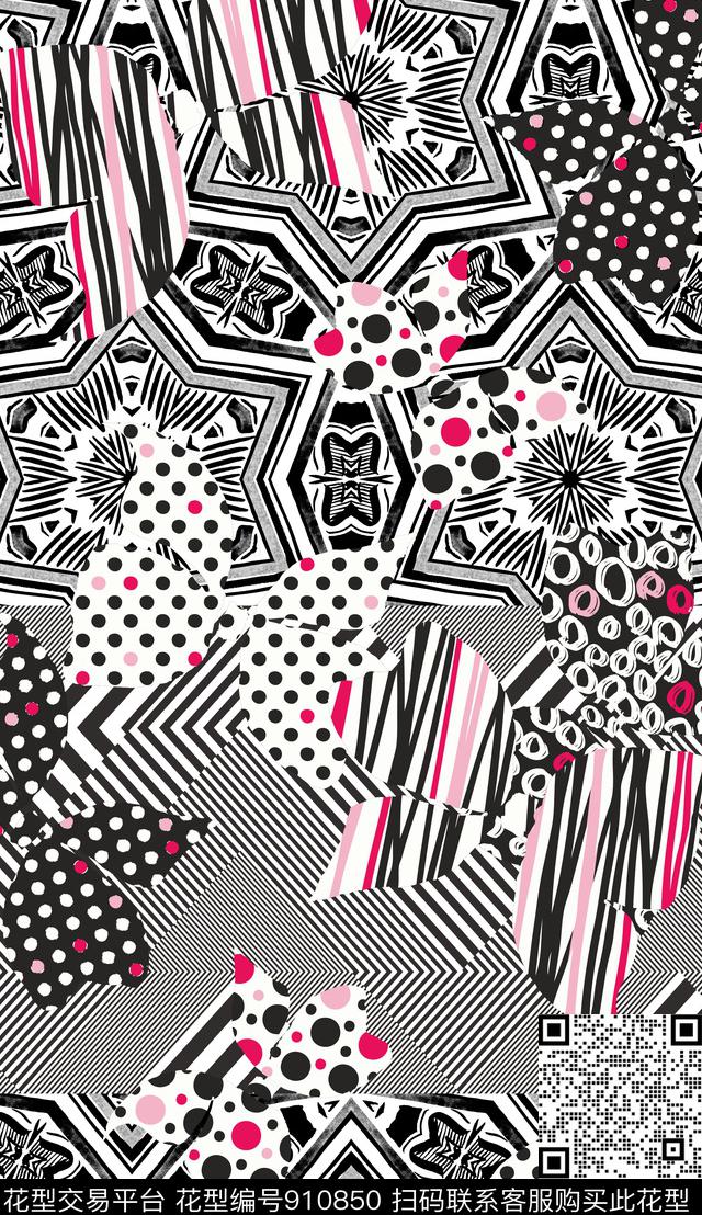 波西米亚黑白花纹传统印花华亿平台下载（图片编号: 910850） - 瓦栏（Walan）