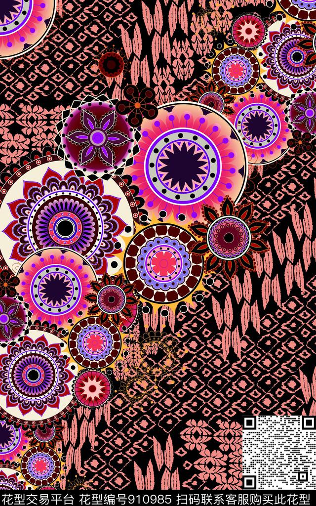 传统纹样民族风圆形数码印花华亿平台下载（图片编号: 910985） - 瓦栏（Walan）