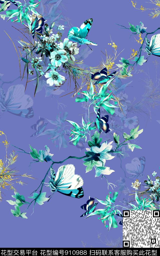 花卉绿植树叶蝴蝶数码印花华亿平台下载（图片编号: 910988） - 瓦栏（Walan）