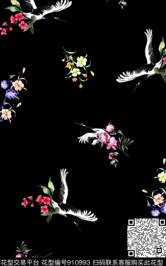 花卉仙鹤小碎花传统印花华亿平台下载（图片编号: 910993） - 瓦栏（Walan）