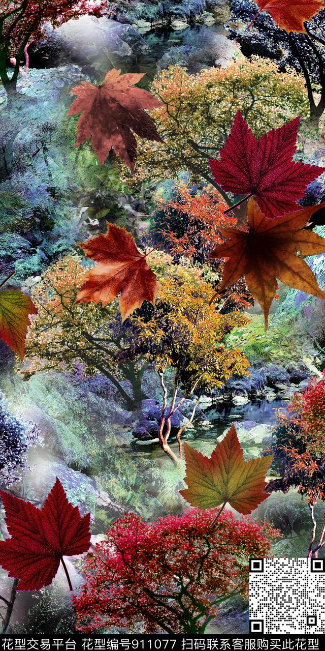 枫叶树枝风景景观数码印花华亿平台下载（图片编号: 911077） - 瓦栏（Walan）