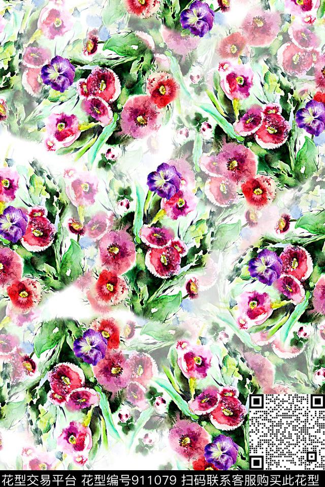 水彩花卉女装小碎花数码印花华亿平台下载（图片编号: 911079） - 瓦栏（Walan）