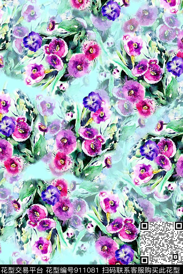 水彩花卉女装小碎花数码印花华亿平台下载（图片编号: 911081） - 瓦栏（Walan）