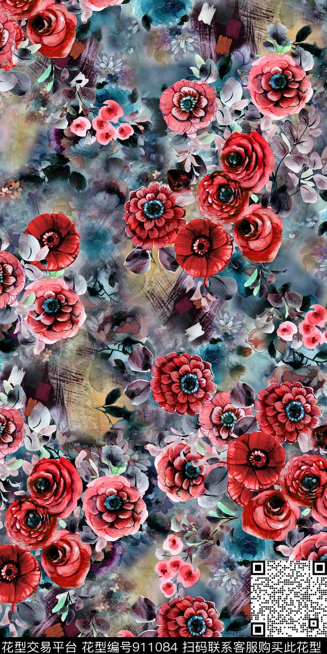 复古扎染抽象花卉数码印花华亿平台下载（图片编号: 911084） - 瓦栏（Walan）