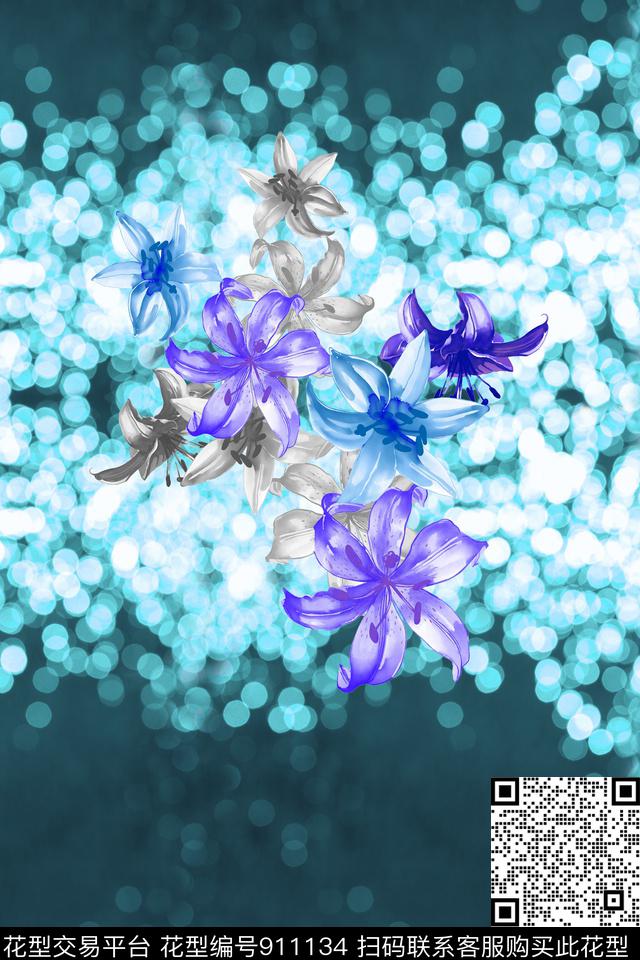 光斑手绘花卉中间定位数码印花华亿平台下载（图片编号: 911134） - 瓦栏（Walan）
