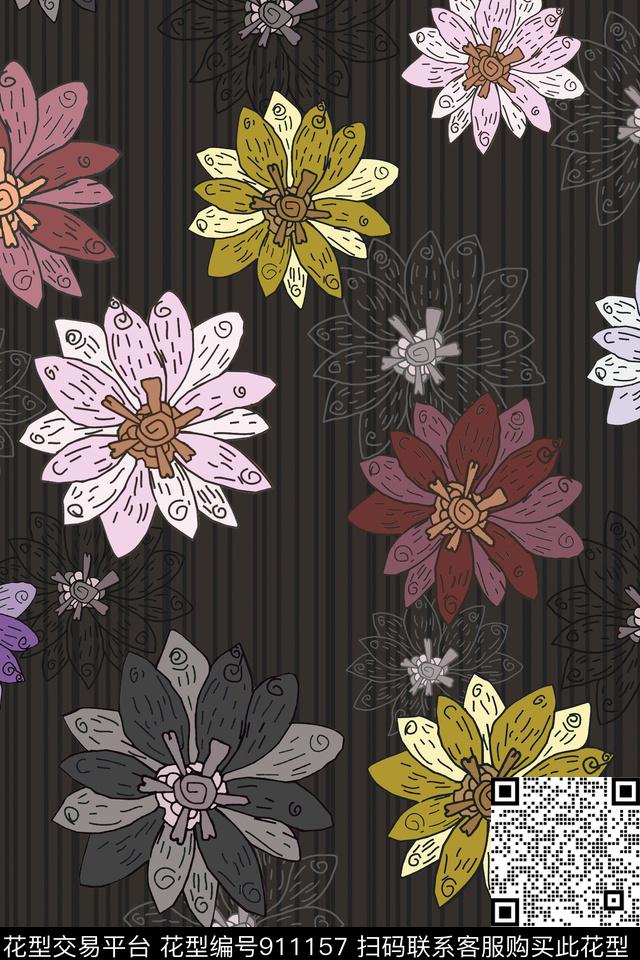 几何花卉线条深色条纹底数码印花华亿平台下载（图片编号: 911157） - 瓦栏（Walan）