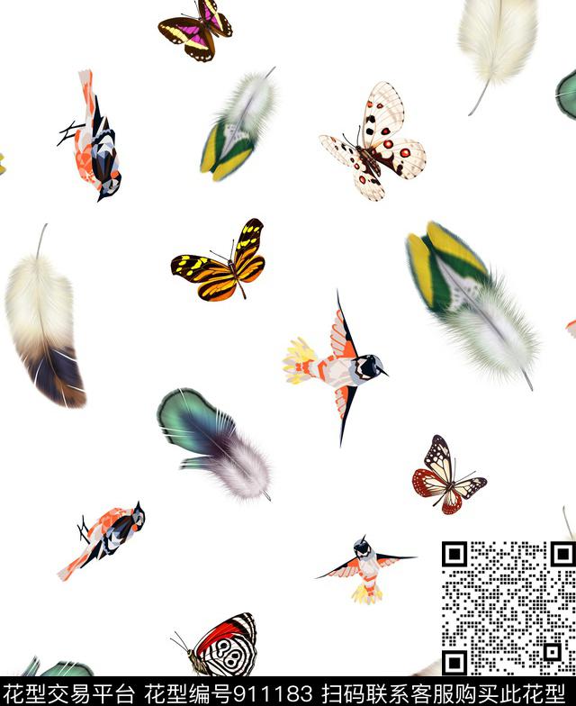 羽毛蝴蝶鸟数码印花华亿平台下载（图片编号: 911183） - 瓦栏（Walan）