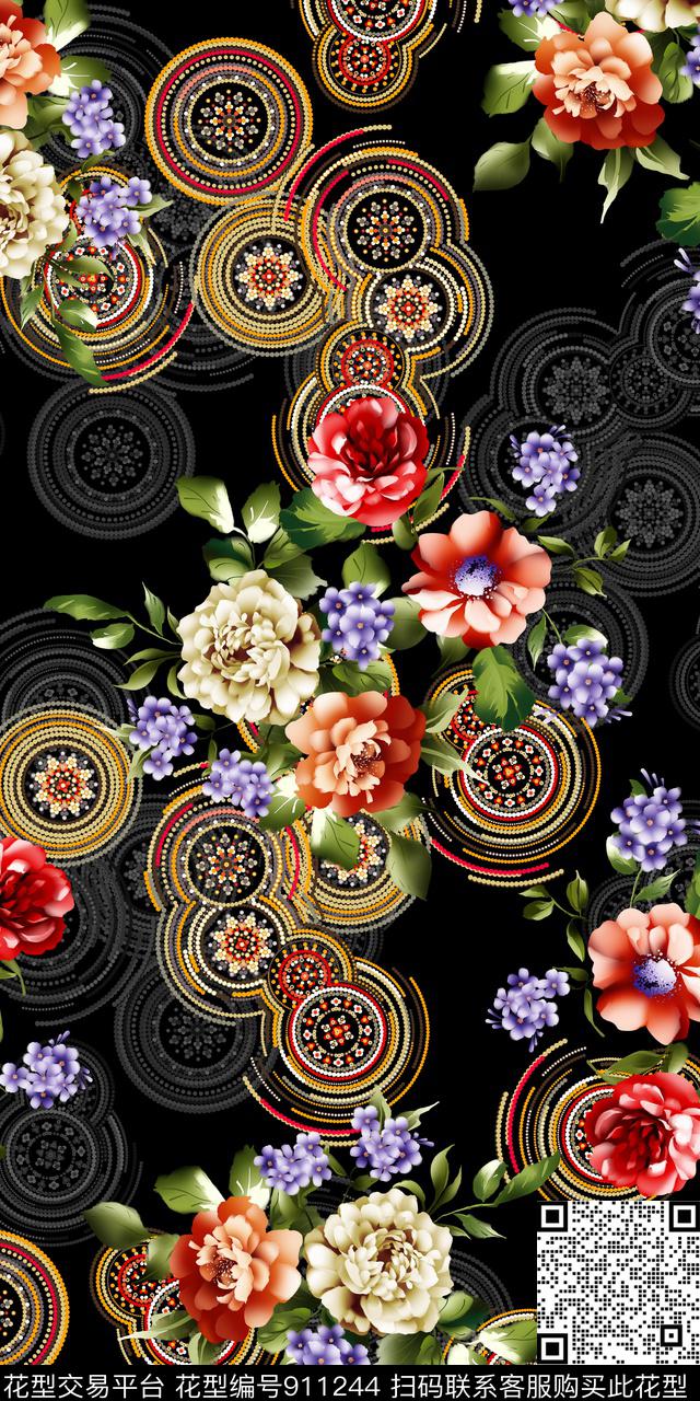 几何花卉深底数码印花华亿平台下载（图片编号: 911244） - 瓦栏（Walan）