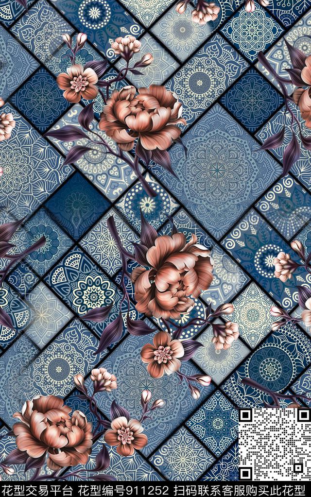 几何花卉纹理数码印花华亿平台下载（图片编号: 911252） - 瓦栏（Walan）
