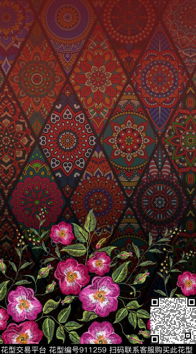 抽象几何花卉数码印花华亿平台下载（图片编号: 911259） - 瓦栏（Walan）