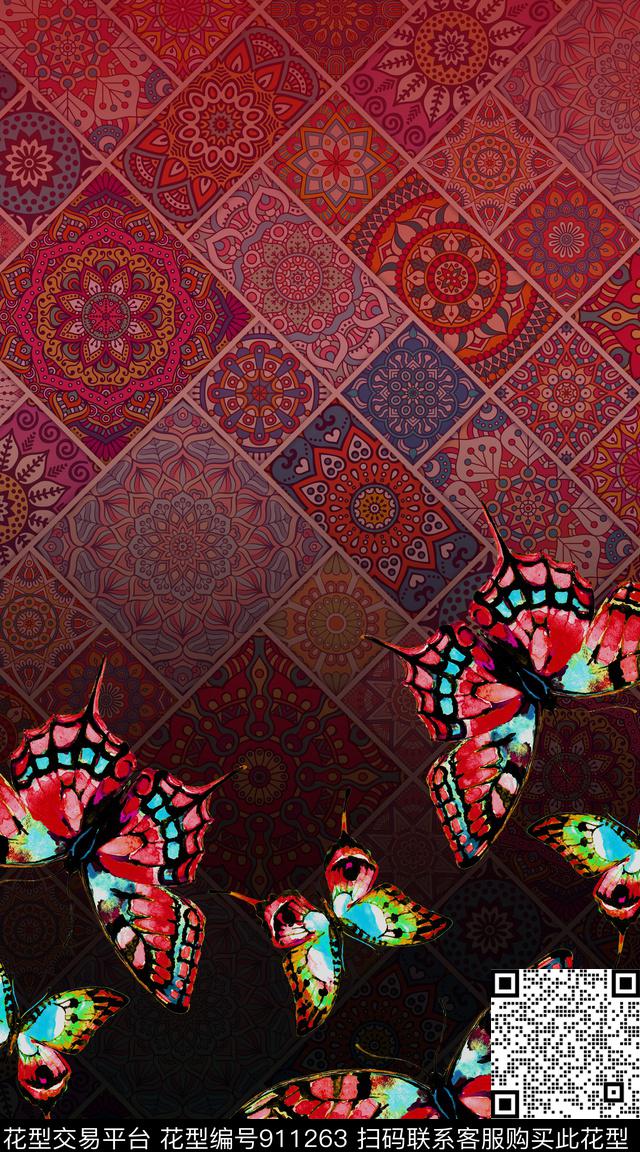抽象几何花卉数码印花华亿平台下载（图片编号: 911263） - 瓦栏（Walan）